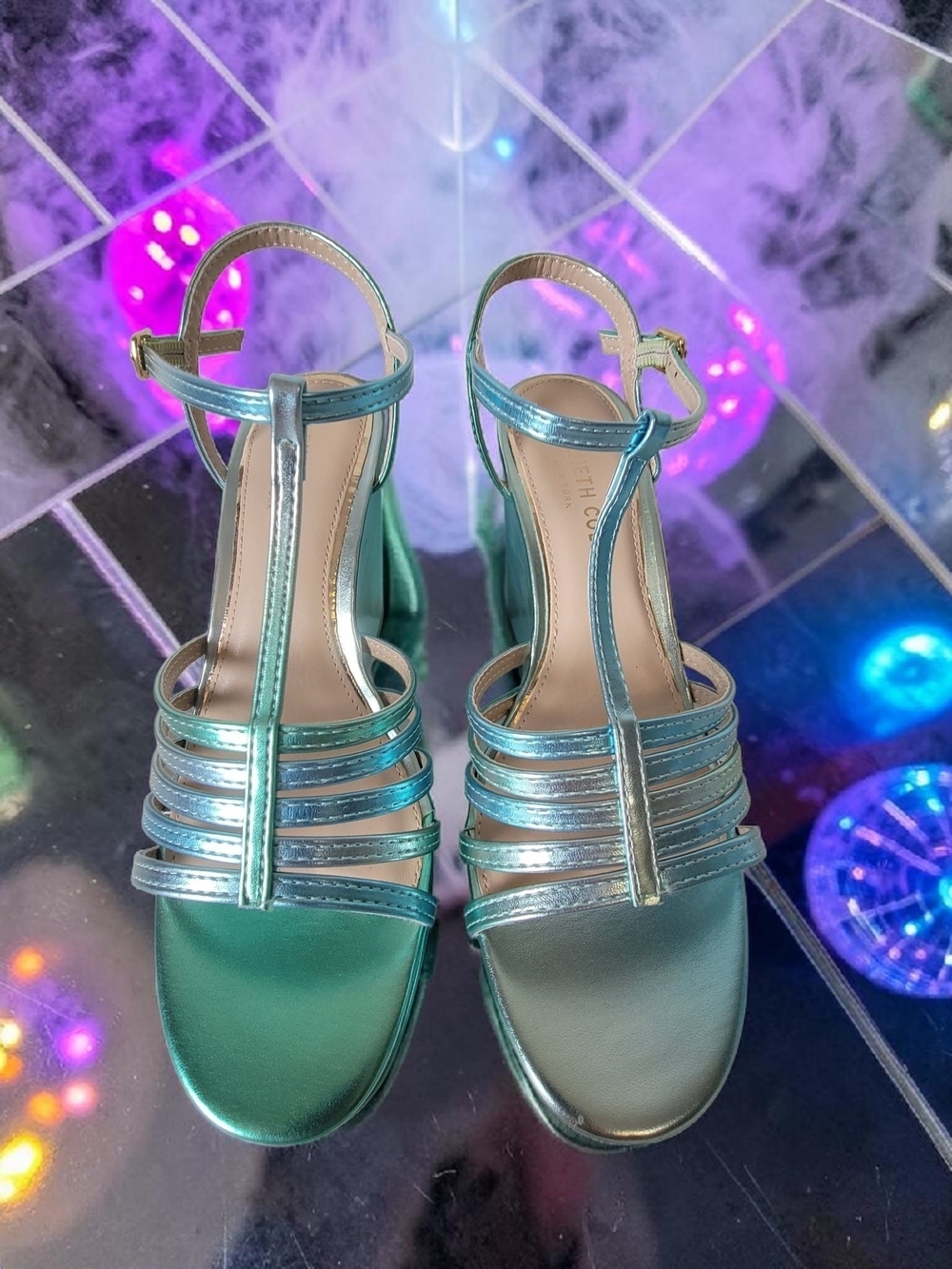 Kenneth Cole Metallic Teal Strappy T‑Bar Sandals (Celia)